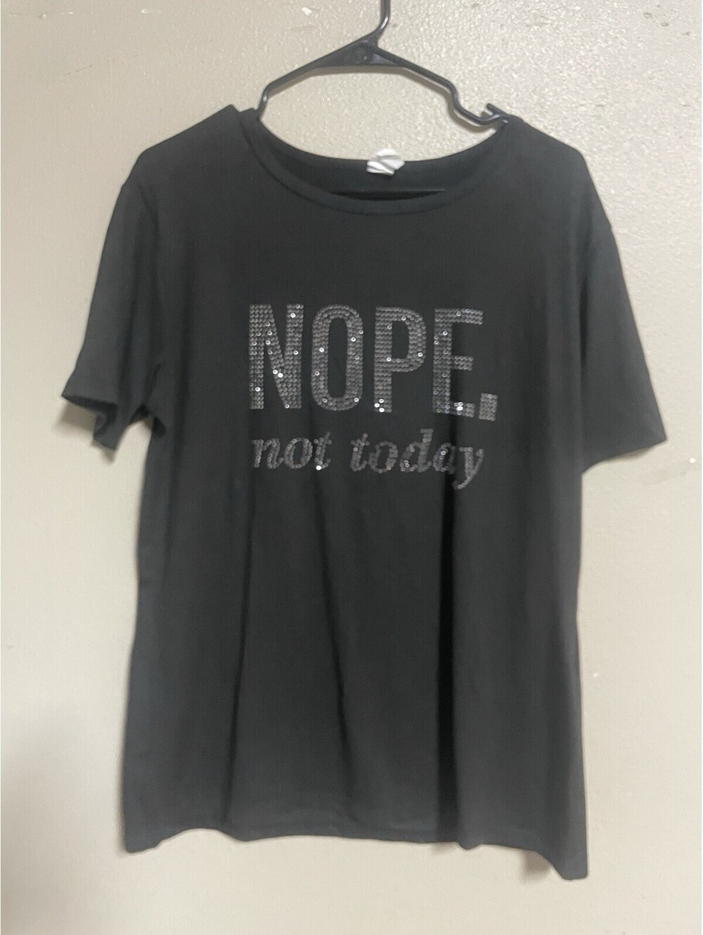 Women Black Graphic Print T-Shirt 1XL Crew Short Sleeve Rhinestone “NOPE plus